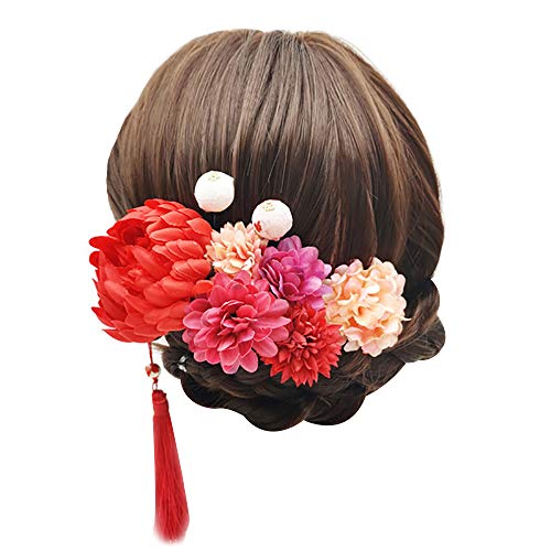 HenMerry 9 Piece Set Womens Girls Japanese Kimono Real Flower Hair Clips Pin Ornate Kanzashi Hairpins Decor Hanfu Accessories Ornament Tie Band Clip Wedding Bridal Side Hair For Women (Red)