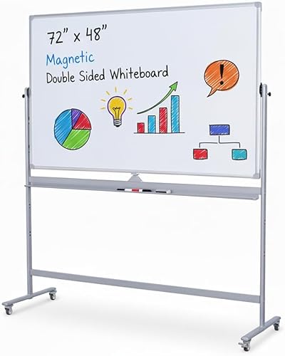 Miniatura 6 de Pizarra blanca móvil de doble cara de 72 x 48 pulgadas con soporte, pizarra magnética de borrado en seco extragrande, pizarra blanca reversible para