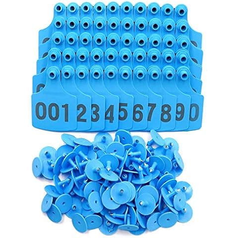 LIUCOGXI Cattle Ear Tags,100PCS Numbered Plastic Livestock Ear Tags 4.1x3 001-100 Livestock Identification Cards Plastic for Cow Cattle Pig Swine（Blue） Cover