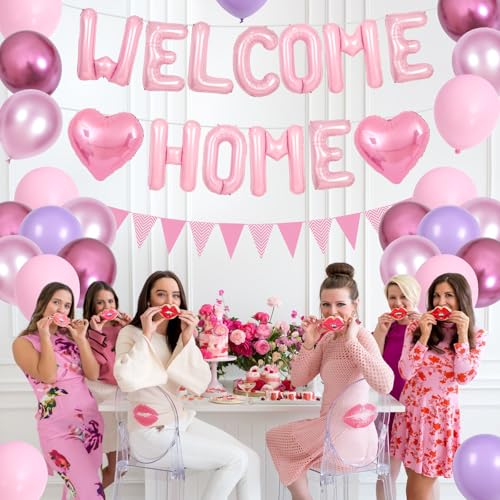Welcome Home Decorations Pink,Welcome Home Foil Balloon Banner with Pink Heart Balloons Pennant Flag Bunting for Housewarming Baby Shower Family Party Supplies - Image 4