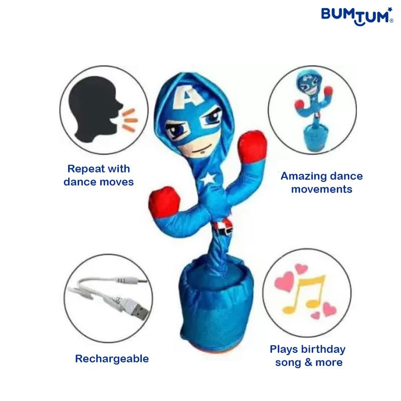 Image of Bumtum Dancing Singing Captain America Theme Character Toy, Wriggle & Singing for Babies & Kids, Plush Musical Electronic Toys, Voice Recording Repeats(Blue)
