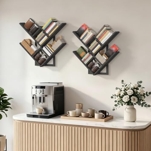Image of HOOBRO Floating Shelves for Wall, Set of 2 Wall Mounted Shelves, 2-Tier Wooden Tree Bookshelf, Hanging Shelves Storage Rack, for Living Room, Kitchen, Office, Black BB54BJP201