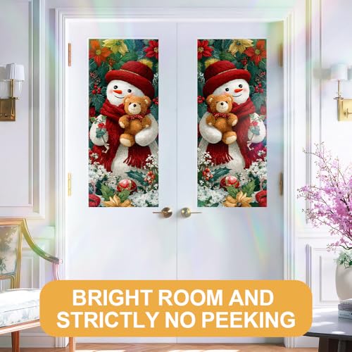 Image of Decorative Window Film 17.32 x 39.37 Inch Snowman Artwork with Teddy Bear and Floral Accents Artistic Window Film for Glass Panels Home Office Studio Display