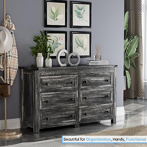 Image of HUANLEGO Grey Dresser for Bedroom with 6 Drawers, Farmhouse Wood Dressers Bedroom Furniture 6 Chest of Drawers, Rustic Wide Storage Drawers Dressers Organizer for Closet, Living Room, Hallway