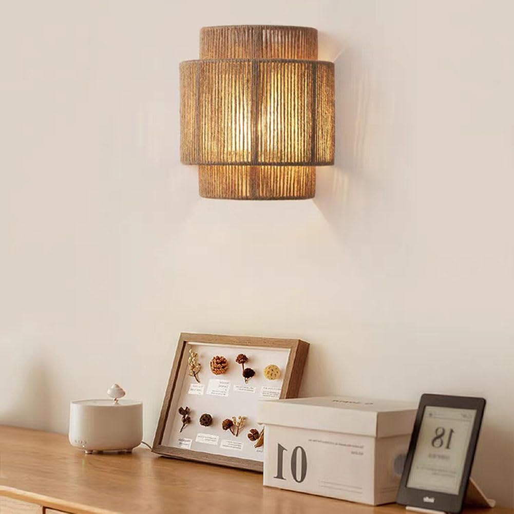 Innen Boho Wandleuchte Vintage Hanfseil Wandlampe Handgewebter Wandlicht aus Naturmaterial E27 Innen Dekoration Wandbeleuchtung Rattan Bambus für Wohnzimmer Schlafzimmer Heim Esszimmer