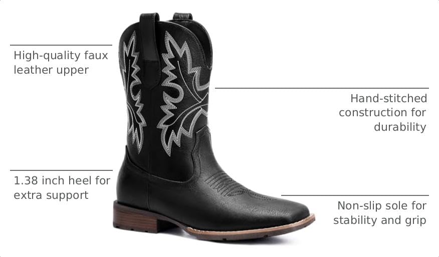 Image of Lumeheel Cowboy Boots for Men - Western Men's Boots with Classic Embroidered, Slip on Square Toe Boots, Slip Resistant Country Boots Chunky Heel Ankle, Durable Short Boots for Spring Fall