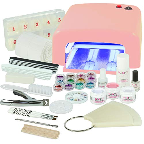 Kit de manucure Debutant pour Pose de Gel UV + nail art professionnel complet - Lampe UV 36W pink (4 ampoules), Gels UV (3) et tous les accessoires pour les ongles - Format XXXL