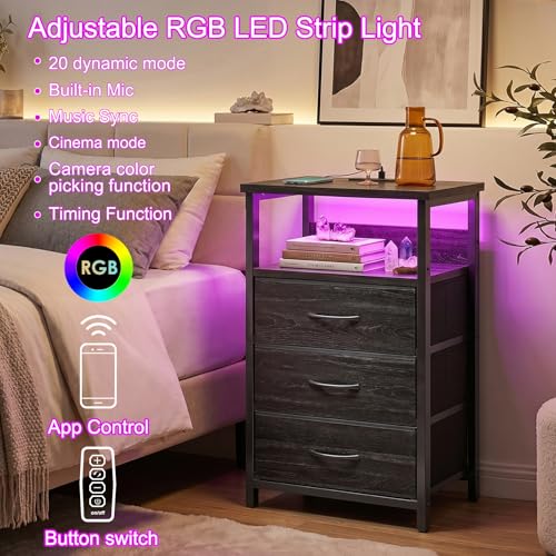 Image of Fixwal Night Stand with Charging Station, LED Nightstand with Fabric Drawers, End Table with PU Finish, Bed Side Table, Black Oak