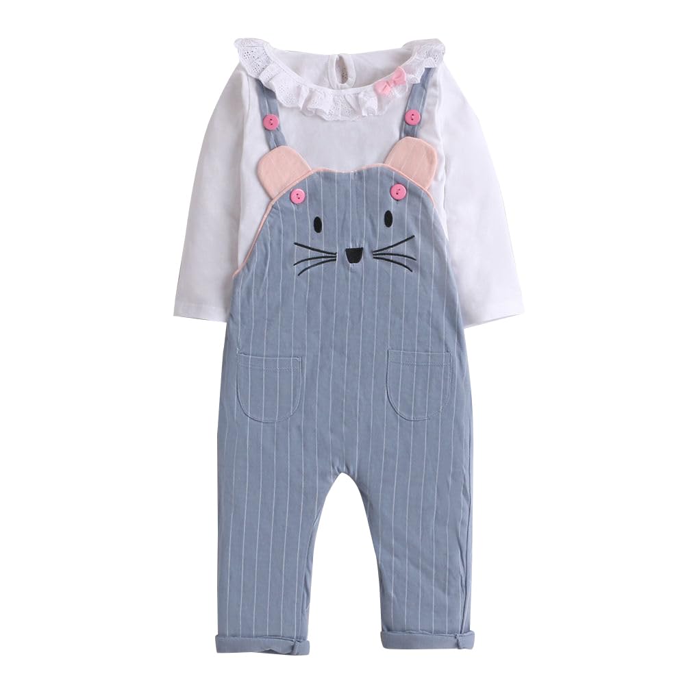 HopscotchBaby Girls Cotton Cartoon Face Print Dungaree and Top Set in Blue Color