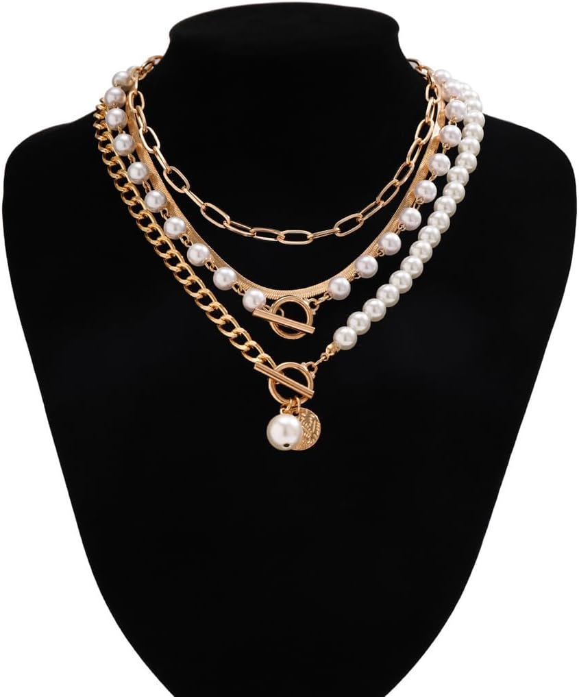 Layered Chunky Pearl Necklace Set for Women,14K Gold Stack Paper Clip Chain Pendant OT Choker,Vintage Snake Link Necklace Birthday Jewelry Accessories - Image 6