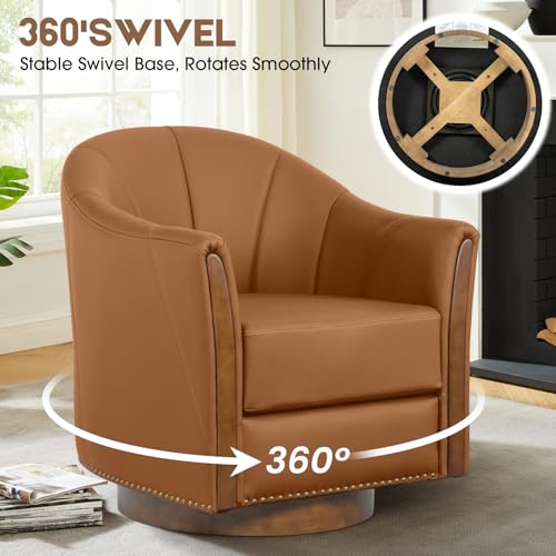 Image of 360 Swivel Accent Chair, Modern Leather Barrel Club Chair with Leather Upholstery and Sturdy Wood Base, Comfortable Armchair for Living Room, Bedroom, Reading Nook, Brown