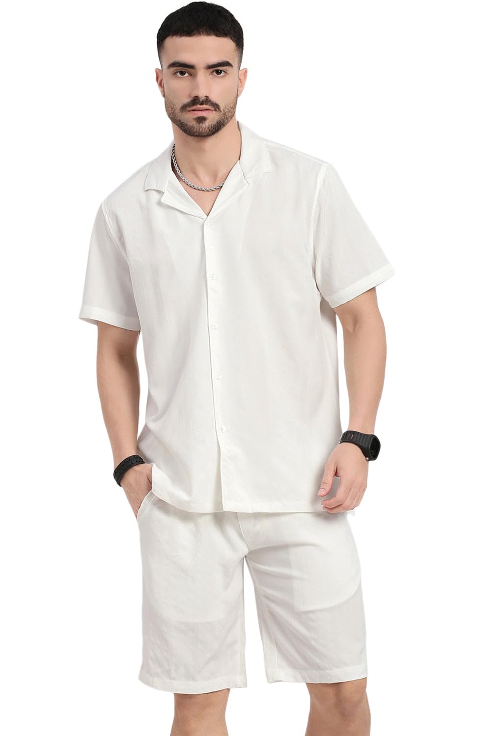 SHOWOFF Men's White Cuban Collar Solid Co-ords Set-Joel-3240_White