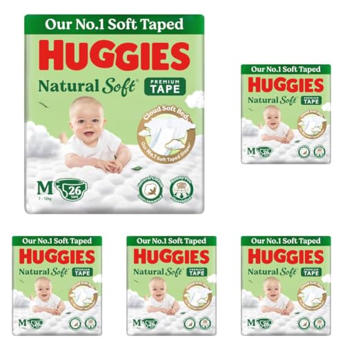 Image of Huggies Natural Soft Premium Tape Diapers Medium (M) Size, 7-12 kgs,26 Count | Our No.1 Soft Taped Diaper with Cloud Soft Bed and Runny Poo Absorption (Pack of 5)