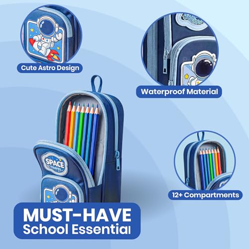 Image of Famyo Blue Space Pencil Case for Kids | Aesthetic School Pencil Box for Boys & Girls | Stationery Pouch with 3 Zipper Compartments | Cute Pencil Pouch for Kids