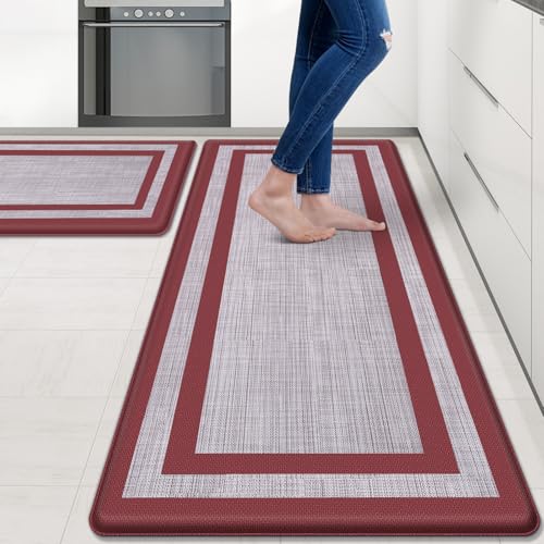 Mattitude Kitchen Mats Set of 2 Cushioned 0.47 inch Thick Rugs Non-Skid Waterproof Mats and Ergonomic Comfort Standing for Floor, Office, Sink,Laundry,Red