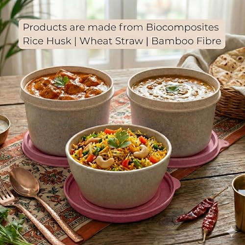Image of Happy Cove Eco Friendly Lunch Box for Office Use, Made of Wheat Straw and Rice Husk, 3 Microwave Safe Pink Containers, Tiffin Box for Men with Lunch Bag, Microwave Safe, Oven Safe, Unbreakable