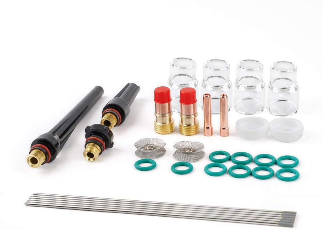 RX WELD 31PCS TIG Stubby Gas Lens 17GL332 3/32" & #12 Pyrex Cup & 2% Ceriated Tungsten Electrode Kit Fit DB SR WP 17 18 26 TIG Welding Torch