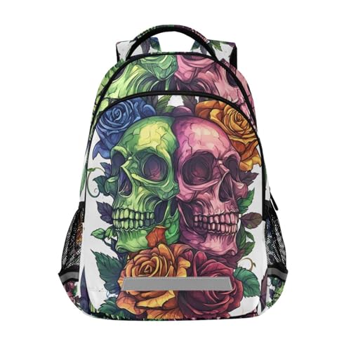 UMIRIKOKids Green Pink Skulls Roses Backpack for Boys Girls,School Elementary Bookbags with Chest Clip 202c0897