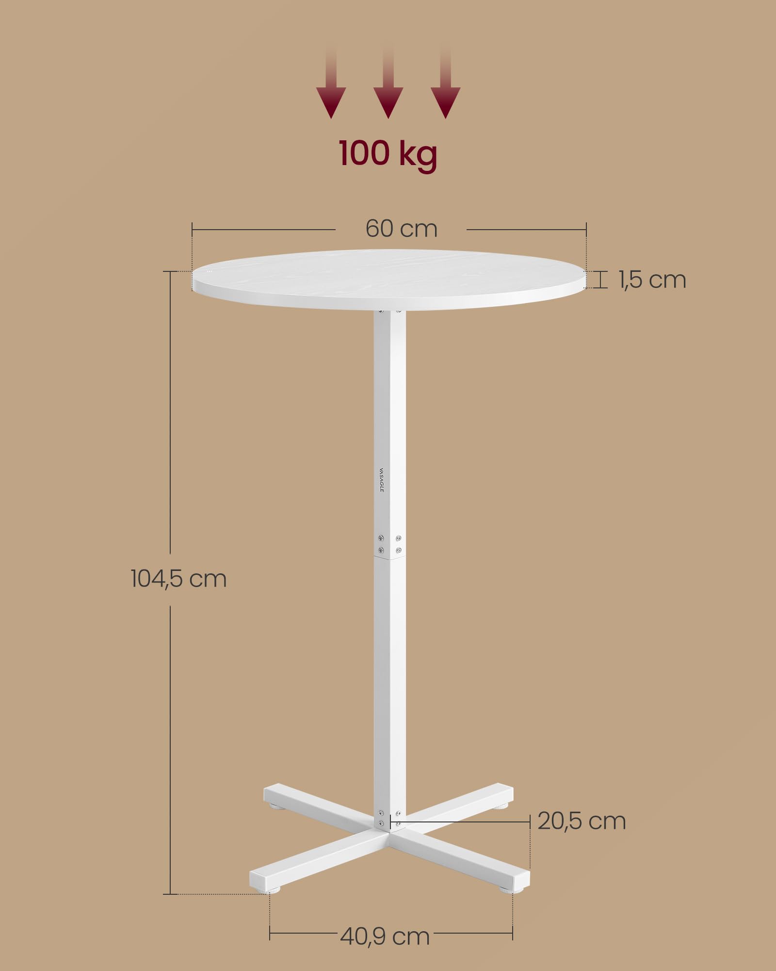 VASAGLE Tavolo da Bar, Tavolino Alto da Pranzo Cucina, Struttura in Metallo, 60 x 60 x 104,5 cm, Facile da Montare, con Base a Croce, per 2-3 Persone, Stile Moderno, Bianco Neve LBT361W01