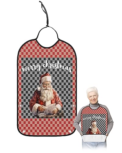 Red Black Plaid Snowman Christmas Adult Bibs for Eating, Waterproof Bibs with Food Catcher & Adjustable Snap Closure, Xmas Winter Snowflake Clothing Protectors Adult Bibs for Elderly Women/Men