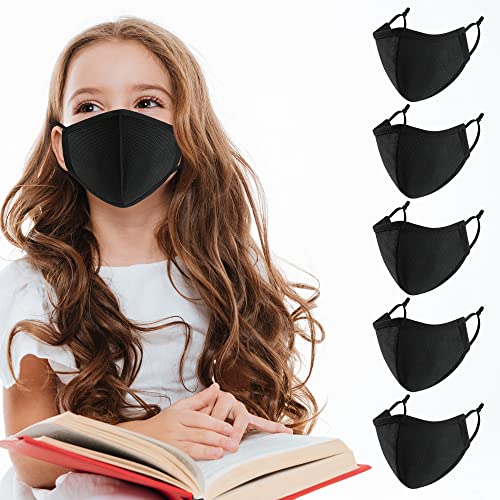 comfso 5Pack Kid Child Reusable Face Mask Breathable with Adjustable Ear Loop Cloth Washable Dust proof Mouth Protector for Boys, Girls 7-12 years old