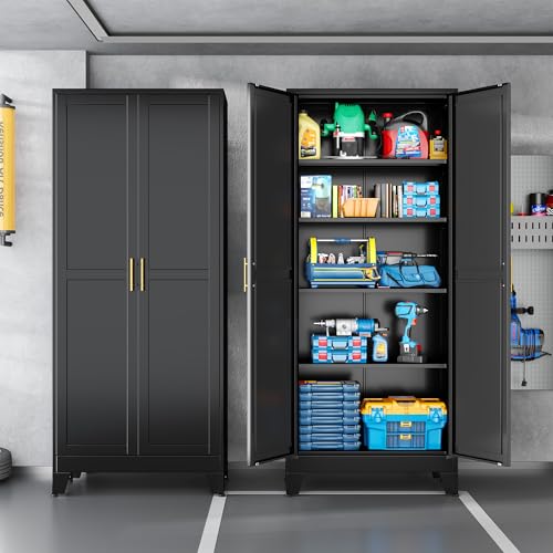 Image of Black Metal Storage Cabinet,75 inch Steel Cabinets for Home Office | Kitchen Pantry Storage Cabinet with Doors and 5 Adjustable Shelves, Tool Cabinets, for Office, Home, Garage, School