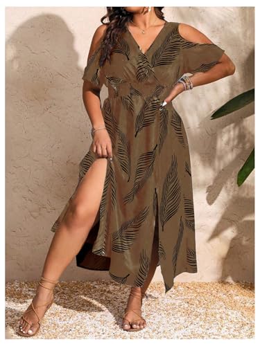 Image of Floerns Women's Plus Size Cold Shoulder Tropical Print V Neck Flared A Line Long Dress