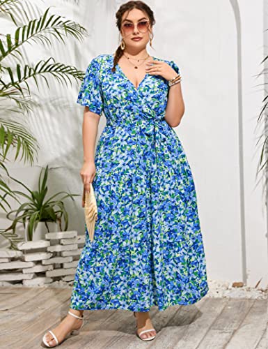 Image of ShopWonder Womens Plus Size V Neck Wrap Maxi Dress High Waist Ruffle Summer Casual Dress with Belt