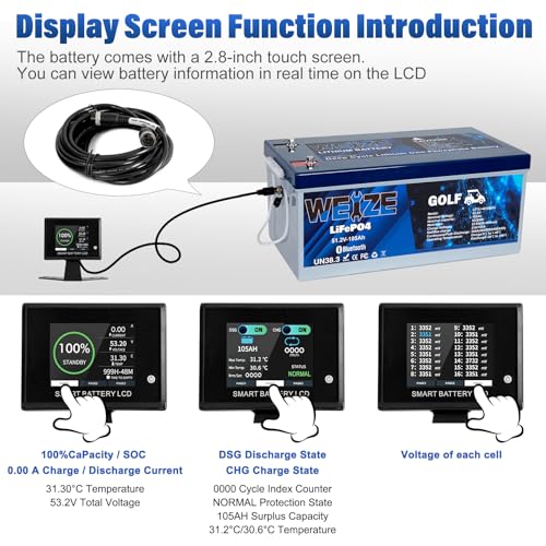 Image of WEIZE 48V(51.2V) 105AH Golf Cart Bluetooth LiFePO4 Battery (Replace 6x8V GC8) with Lithium Batteries Charger, LCD Display, Grade A Cells, 200A BMS, Low-Temp Protection for Golf Carts, FCC Listed