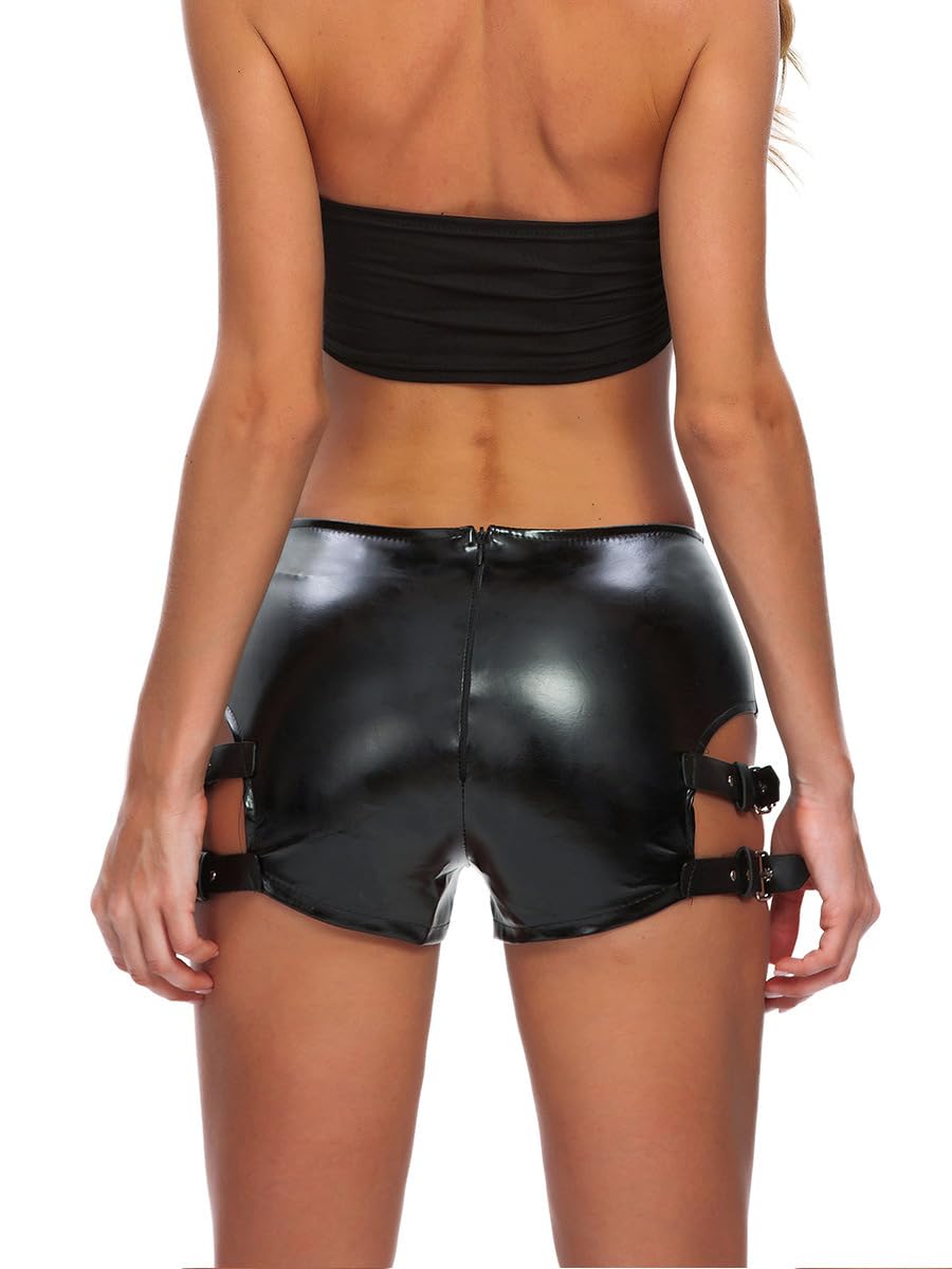 Women's Sexy Low Waisted PU Leather Skinny Shorts Mini Shorts Hot Pants: 4#black Large