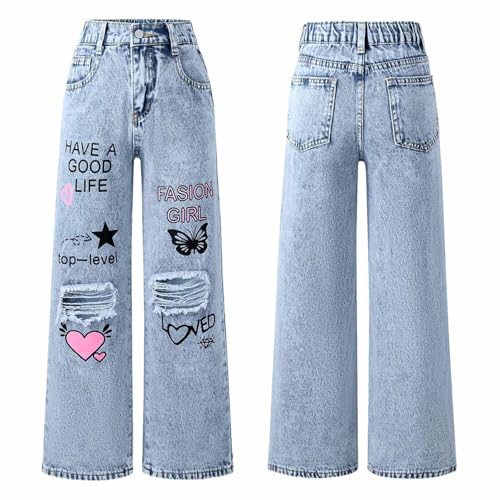 Kids Girls Ripped Wide Leg Distressed Jeans Y2K Denim Pants Straight Leg Loose Denim Trousers Size 5-14 Years4