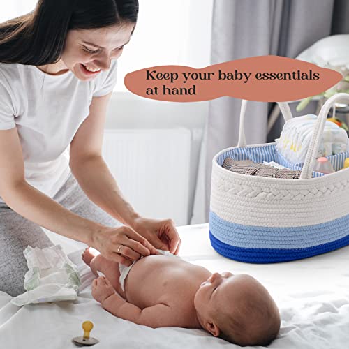 Image of luxury little Diaper Caddy Organizer, Large Cotton Rope Nursery Baby Basket, Changing Table Organizer for Baby Diaper Storage, Portable Car Organizer Removable Divider (Blue, Large)