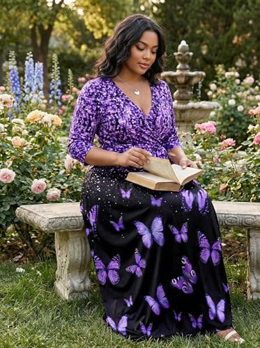 Image of Plus Size Dresses for Women Print Maxi Dresses 3 /4 Sleeve with Belt