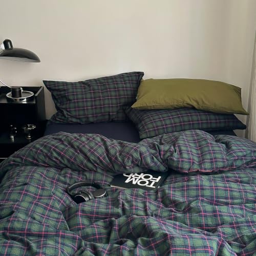 Image of EAVD Vintage Plaid Duvet Cover Full Pink Green Gingham Duvet Cover Set | Soft 100% Washed Cotton 3-Piece Reversible Plaid Bedding Set 1 Duvet Cover with 2 Pillowcases Zipper Closure Corner Ties