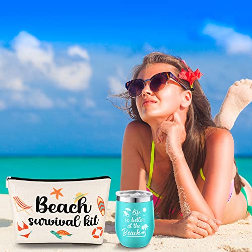 Reginary 2 Pcs Funny Beach Gifts for Women, Life Is Better at The Beach Tumbler Cup Adorable Beach Gift Waterproof Roomy Makeup Bags Summer Beach Themed Birthday Wine Gift - Image 4