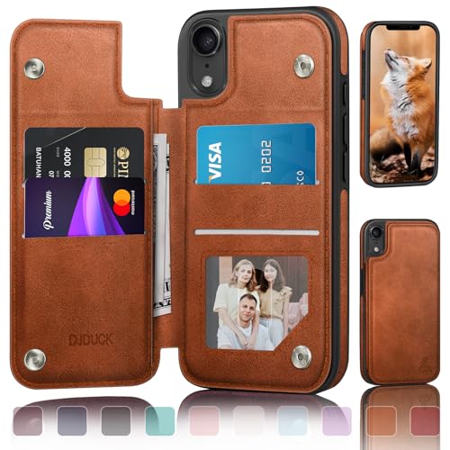 DJDUCK Designed for iPhone XR Case Wallet with Card Holder [Magnetic Clasp Cover] [RFID Blocking Leather Protection] Shockproof Women Men Cases 6.1 Inch for Apple XR Light Brown