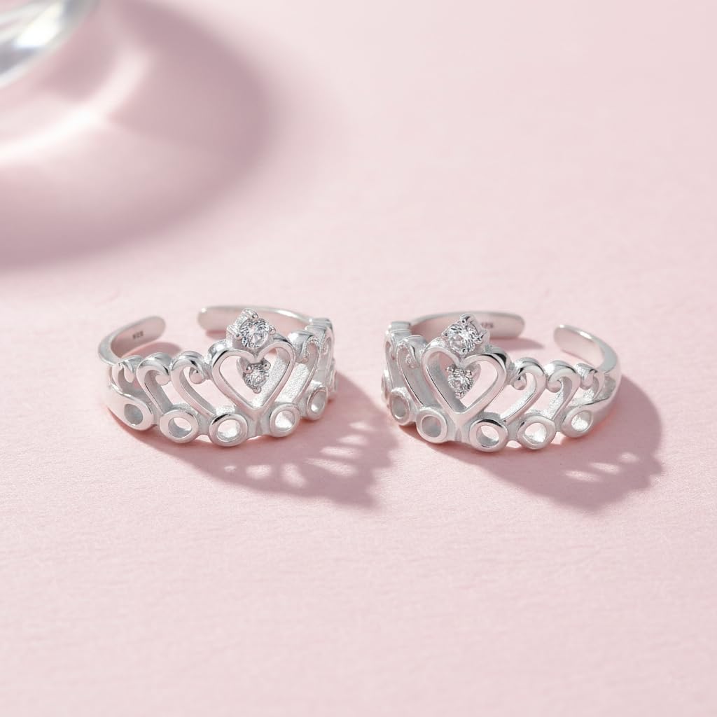 Parnika Exquisite Crown Design Silver Toe Rings in Pure 92.5 Sterling Silver for Women | Chandi Bichiya | With Certificate of Authenticity | Metti | (CZ) 1