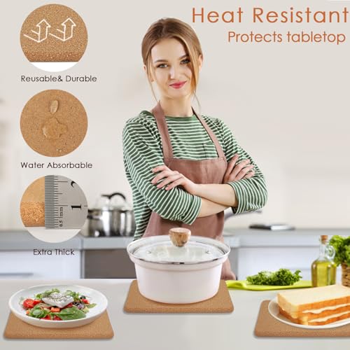 Image of Cork Trivets for Hot Pots and Pans, 6 Pack High-Density Thick Square Pads for Dishes, 8 inch x 8 inch Heat Resistant Multifunctional Coasters for Kitchen Countertop Table Cork Hot Pads Trivets for Hot Dishes