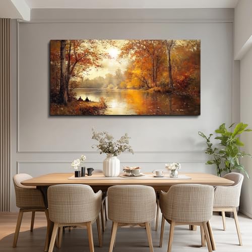 FUHAIHUA Canvas Wall Art For Living Room Large Wall Decor For Bedroom Aesthetics Office Wall Decoration Saffron Yellow Tree Landscape Painting Forest Picture Artwork Ready To Hang Home Decor 24"X48"
