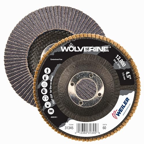 Image of Weiler 31345 Wolverine 4-1 /2 inch x 7 /8 inch Arbor Hole Abrasive Flap Disc, 80 Grit Zirconia Alumina, Bevel Type 29, Phenolic Backing, Standard Density