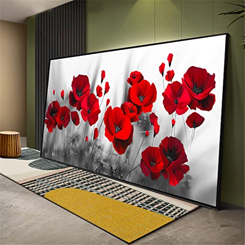 Tableau Fleurs Rouges Paysage Encadré pour Habiller un Grand Mur de Salon