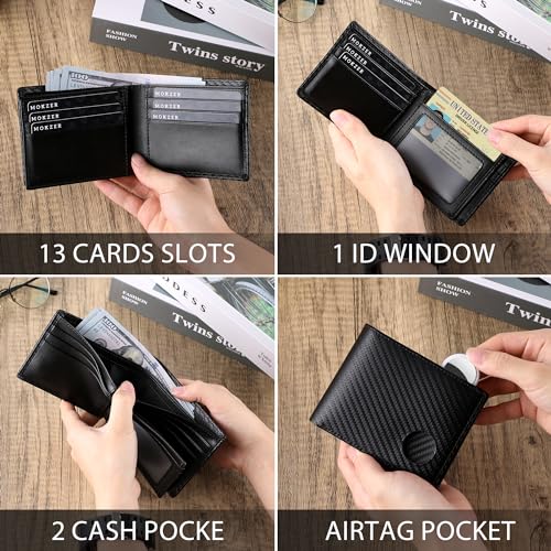 Image of Swallowmall AirTag Wallet Mens RFID Blocking Genuine Leather Bifold Men's Wallet For air tag with 1 ID Window 13 Card Holders BlackStripe(Airtag Not included)