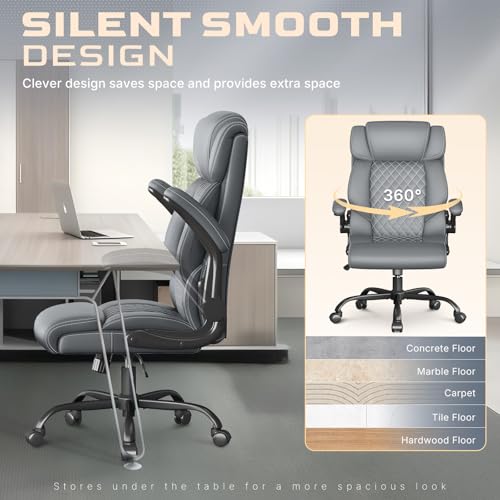 Image of Office Chair-Executive High Back Breathable Big and Tall Office Chair Flip-up Armrests Lumbar Support-Ergonomic Leather Rolling Swivel Chair with Rock Function for Working Studying Gaming,Gray