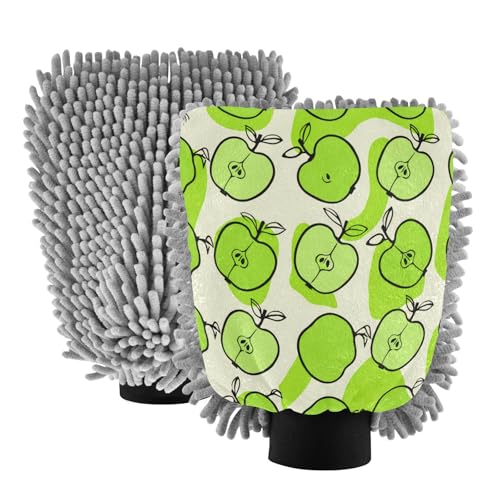 STAYTOP Fresh Green Apples Car Wash Mitt Microfiber, 2Pcs Scratch Free Lint-Free, Premium Chenille Microfiber Mitt Car Wash Brush-M