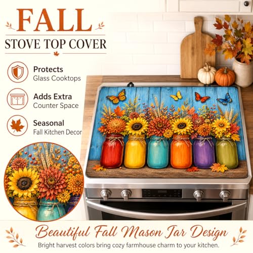 Image of Stove Top Cover for Electric Stove 28 inchx 20 inch, Fall Floral Mason Jar Garden With Butterflies Glass Top Stove Cover Protector, Glass Cooktop Covers, Kitchen Flat Electric Stove Top Covers
