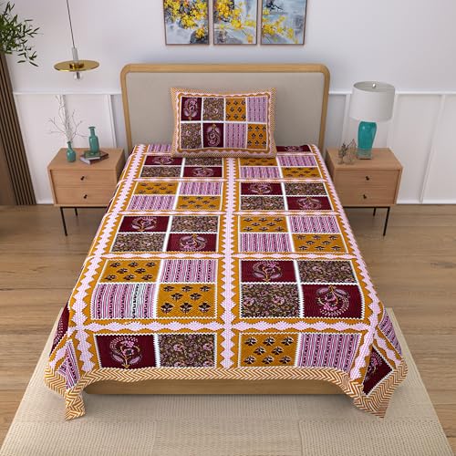 Image of 100% Cotton Single Bedsheet with 1 Pillow Cover | 240 TC Pure Cotton Flat Bed Sheet | Traditional Jaipuri Printed Bedding Set | Soft & Breathable | 60 x 90 Inch (Rangmahal Single 62)