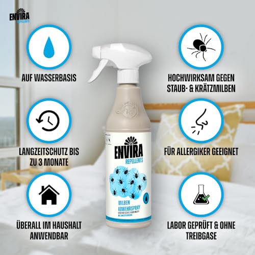 Envira Milben Abwehrspray 2 Liter - Spray mit Langzeitwirkung gegen Milben & Hausstaubmilben - Schutz für Matratzen - Abwehrspray für die Wohnung