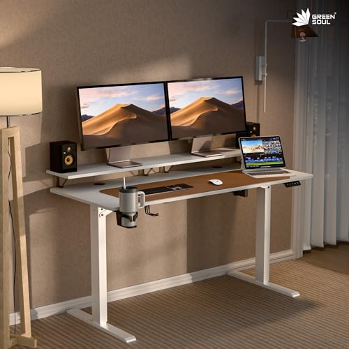 Image of Green Soul Elevate Height Adjustable Table with Monitor Riser | Integrated Organisation | Advance Memory Preset | 3 Year Warranty | Engineered Wood| Installation Provided (White, 1400 x 600 Top)