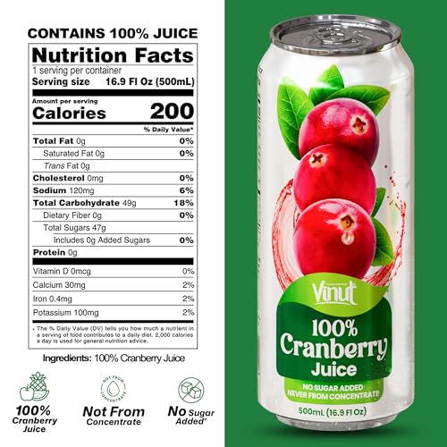Image of VINUT 100% Cranberry Juice, No Added Sugar, Not From Concentrate, 16.9 fl oz (500 mL) Can, Pack of 6