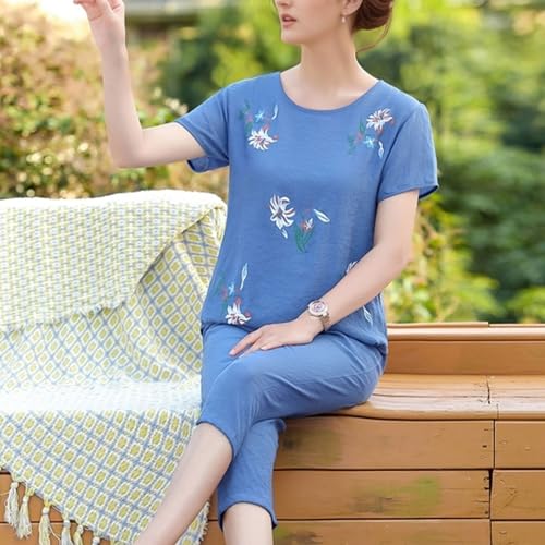 Image of FindThy Women's 2 Piece Linen Outfits Short Sleeve Floral Print Lounge Sets Crewneck Summer Suits